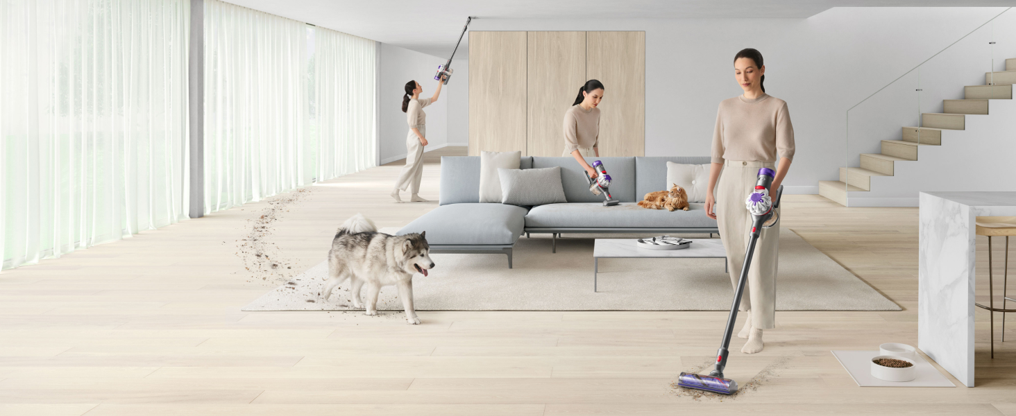 Dyson V8 Absolute aspirando suelos, alfombras, tapicería y techos