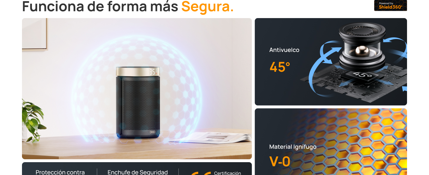 Detalle del flujo de aire del calefactor Dreo con embudo de calor y cobertura ampliada