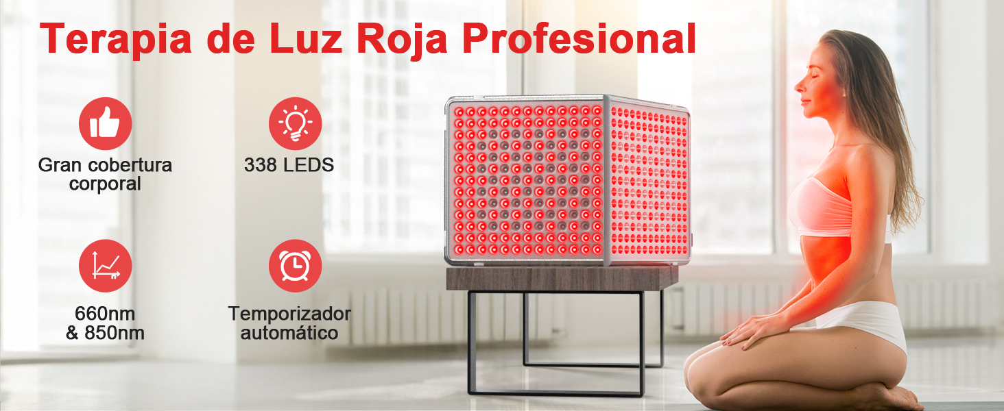 Dispositivo de terapia de luz roja con 338 LED. Panel en forma de cubo sobre soporte. Los iconos muestran funciones de control de temperatura y temporizador de 60 minutos