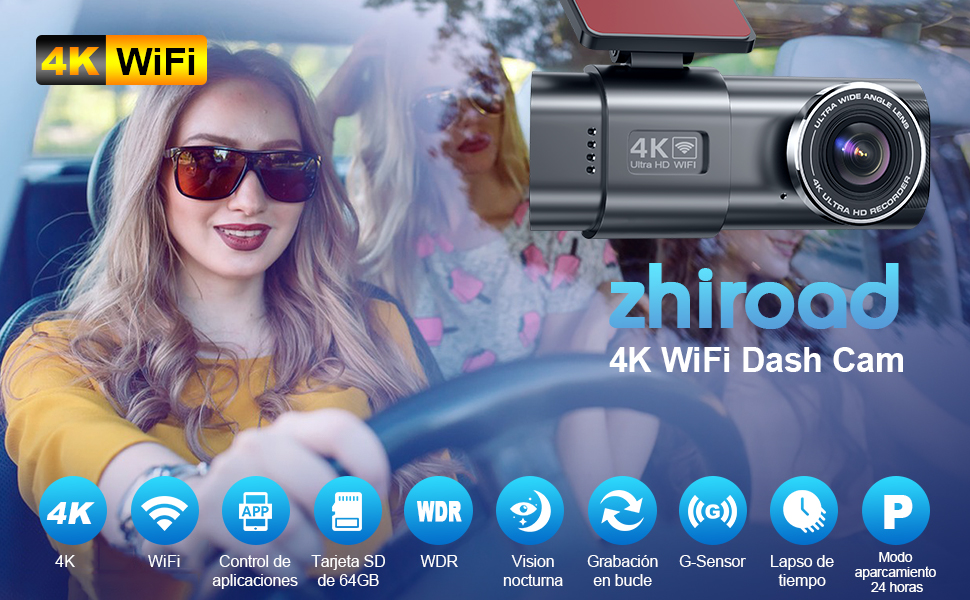 Dash cam 4K con WiFi, pantalla IPS y gran angular 170 grados