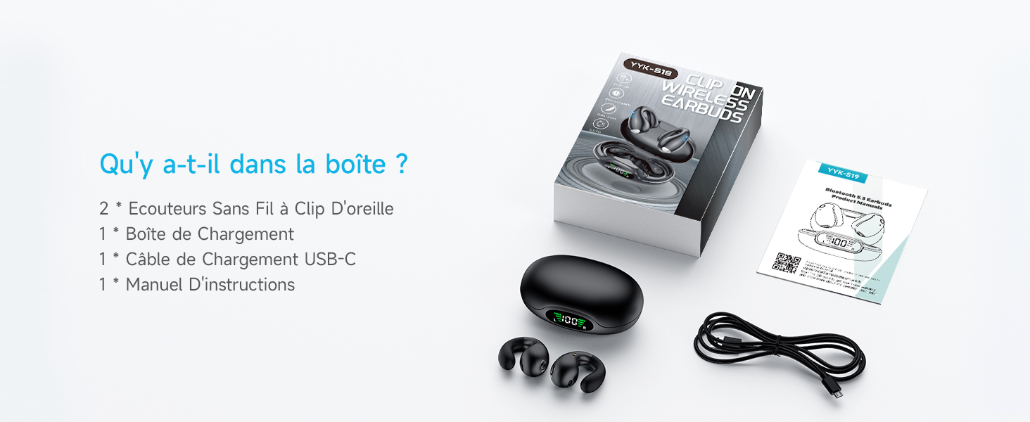 Contenido de la caja: auriculares S19, base de carga LED, cable y manual