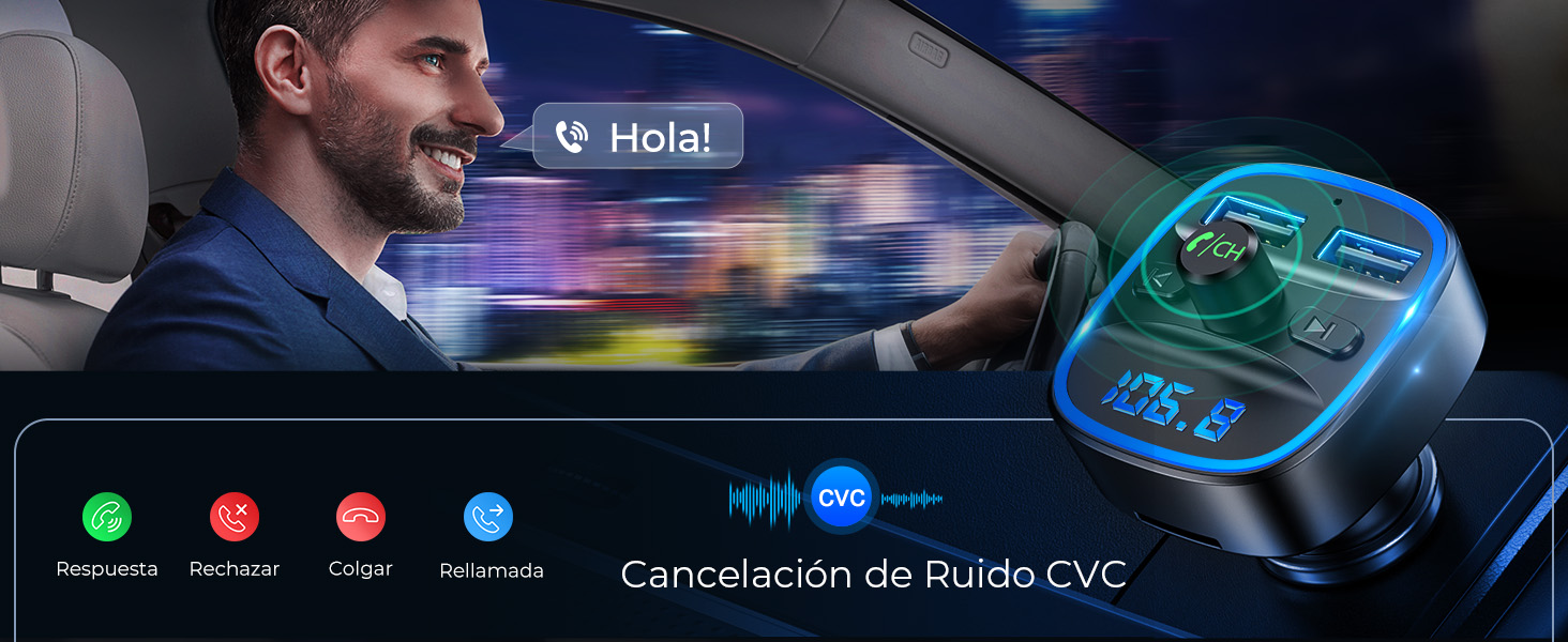 para coche con pantalla LED, que muestra cancelación de ruido y múltiples opciones de conexión. El conductor usa el dispositivo mientras conduce de noche.