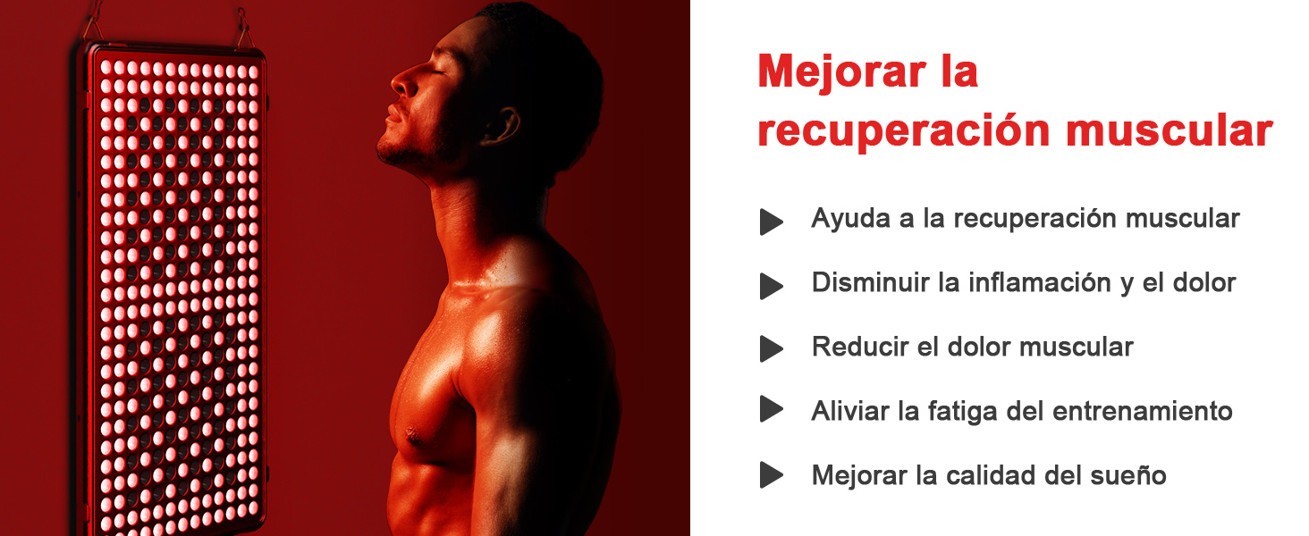 Dispositivo de panel de luz LED roja con patrón de cuadrícula, que se muestra junto a un texto que describe los beneficios de la recuperación muscular y la reducción del dolor