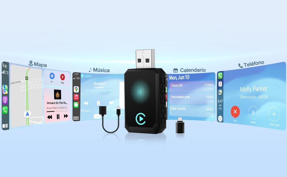 Componentes del adaptador CarPlay Letitwell 2025 con cable USB-C y manual