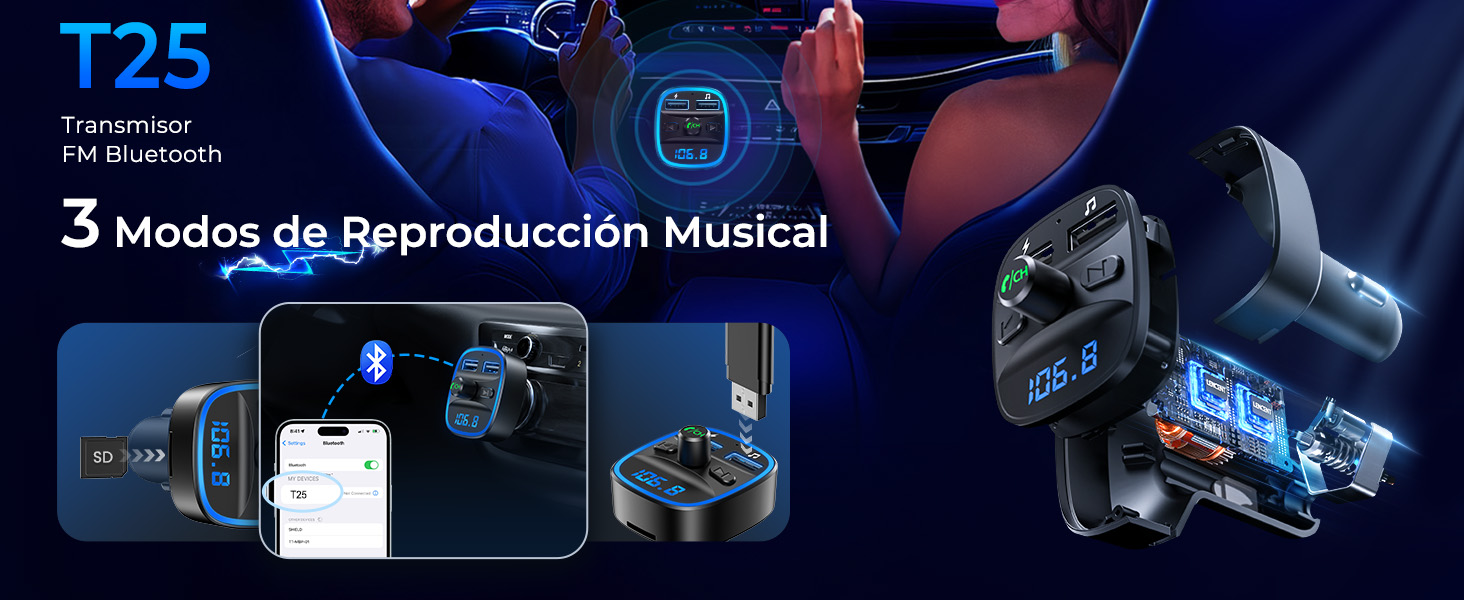 T25 con pantalla que muestra 3 modos de reproducción de música. Las imágenes muestran la conectividad Bluetooth, el control del teléfono inteligente y la interfaz digital